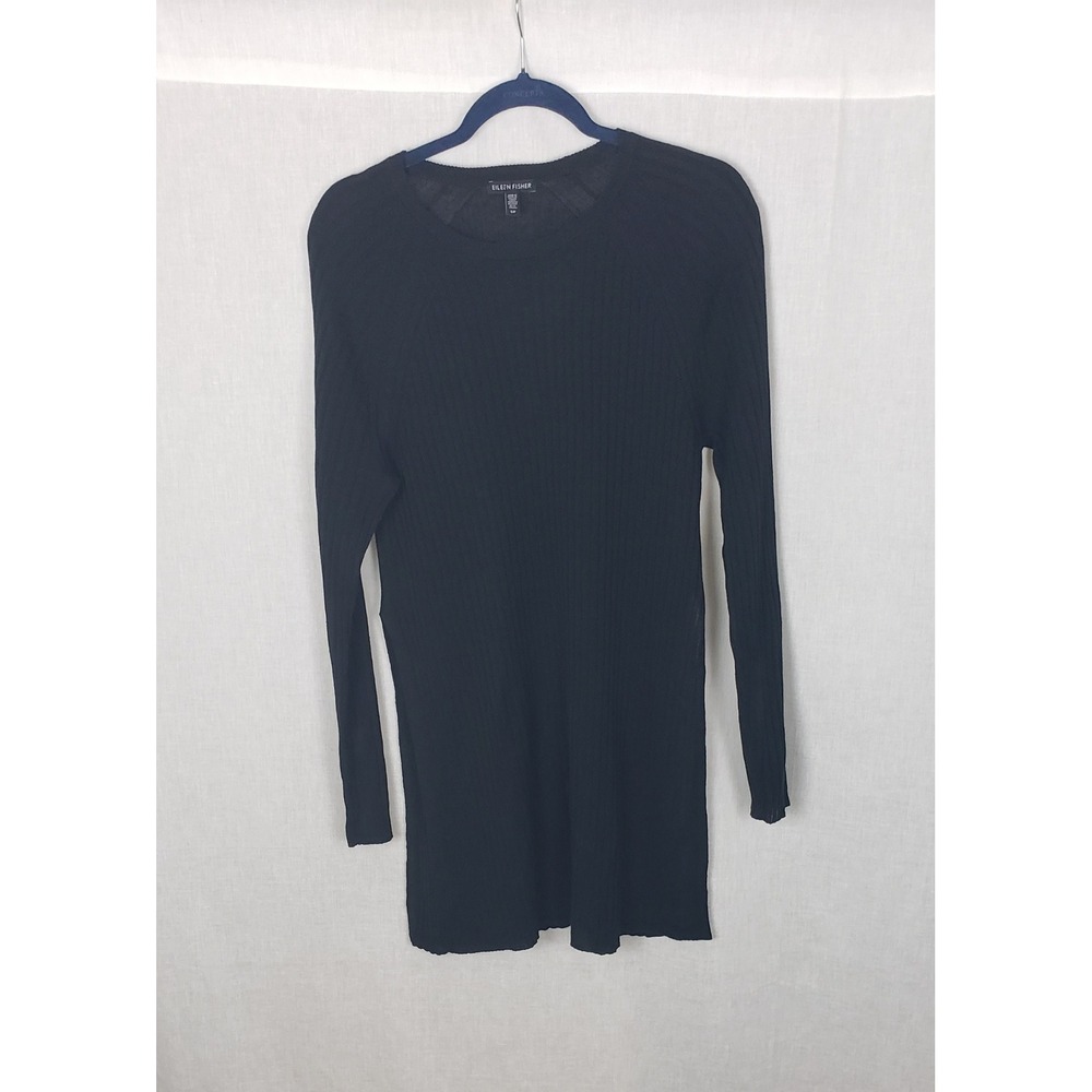 Eileen Fisher Black Ribbed Knit Tunic Sweater Italian Yarn High Slit S Organic